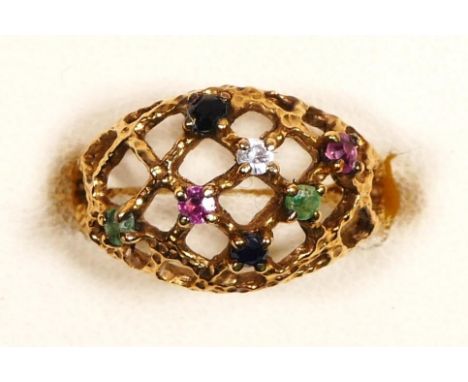 A 9ct gold openwork dress ring, set with CZ, ruby, sapphire and emerald, J, 2.4gm 