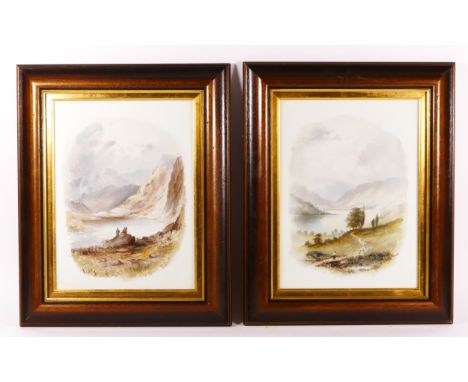 A pair of painted ceramic panels, depicting landscape scenes, signed F.Scott lower right, framed. (2) 20x27cm.