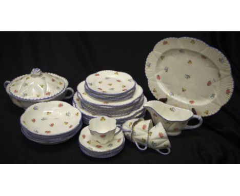 Shelley blossom decorated part dinner set including: 6 dinner plates, 6 entree plates, serving platter, 5 dessert bowls, 4 te