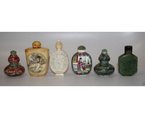 Group six Chinese snuff bottles including: painted ceramic, bone, and carved stone snuff bottles, each with decorative stoppe