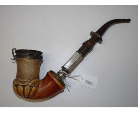 Meerschaum pipe with mother of pearl collar lid to bowl decorated with a centaur archer and eagle crested crown, length appro
