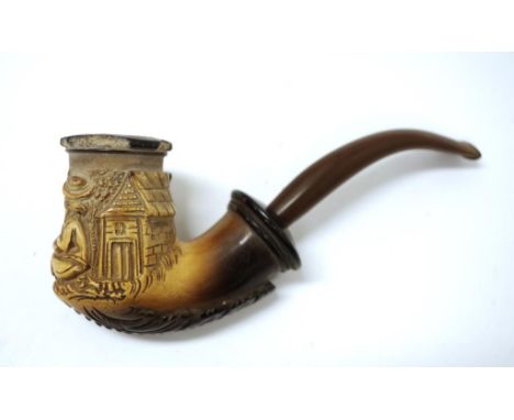 Large meerschaum pipe with figural carving chips to rim of bowl, approx length 18cm