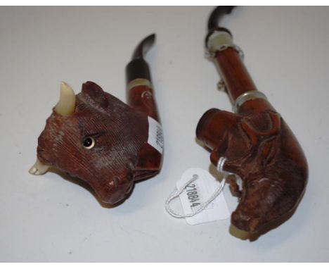 Black Forest stag German hunting pipe approx 21cm long, together with a R.A.O.B bull head pipe with bone horns, one horn dama