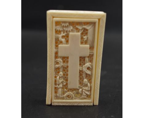 Early Chinese puzzle box circa 1920's, with crucifix centered to a pierced figural scene, 6cm X 3.5cm approx. NOTE: Export of