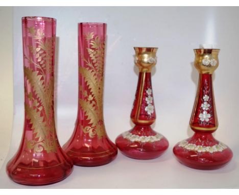 Two pairs Ruby glass vases with handpainted/ gilded decoration, tallest approx 14cm, nibbles on rim of smaller pair