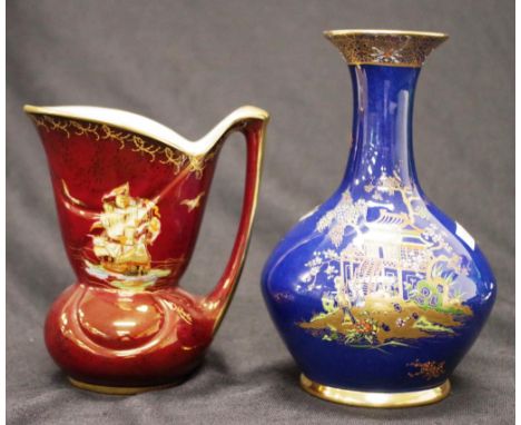 Carltonware Pagoda blue lustre vase height 17cm approx, together with a Crown Devon rouge royale ship decorated jug