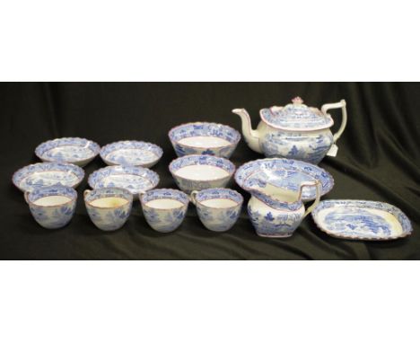 Miles Masons early 19th C part teaset including: teapot, 4 cups and saucers, a cream jug, and 4 various bowls; together with 