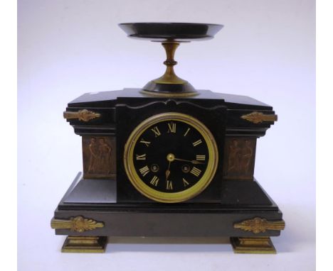 Antique French mantel clock with 8 day striking movement (bell) in slate and ormolu case decorated with Roman figures, 29cm w
