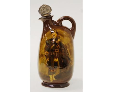 Royal Doulton Kingsware 'Pipe Major' whisky flask marked for Dewars, with original cork  approx 24cm