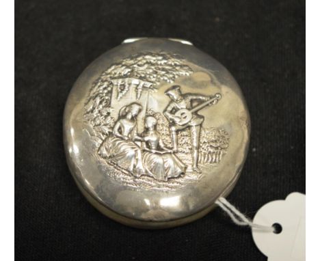 Victorian sterling silver trinket box hallmarked Birmingham 1899, maker: Henry Matthews, with in relief courting scene decora