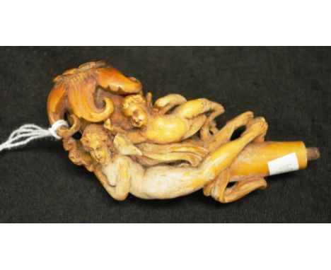 Antique carved meerschaum pipe end depicting Venus and Cupid, 10cm wide approx, Note: chip to back