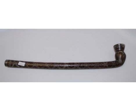 Large inlaid silver middle eastern pipe 38cm long.