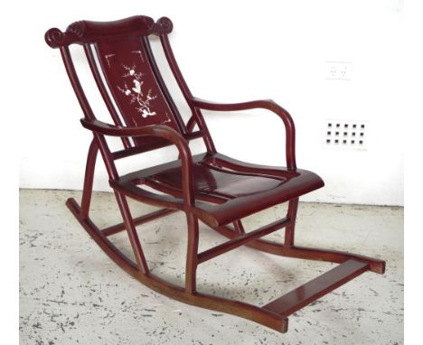 Chinese rosewood rocking chair with scroll carved back and inlaid splat, 59cm (w) x 120cm (d) x 86cm (h) approx