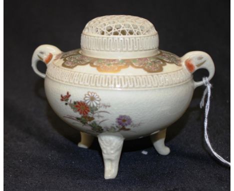 Oriental hand painted ceramic censer hand painted blossom decoration, finely pierced lid, tri-footed, marked to base, (height