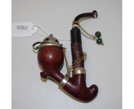 Lidded Bruyere pipe with beaded string, approx 13cm high