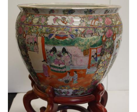 Large Chinese ceramic floor pot &amp; stand painted decoration to interior and exterior, (height 37cm; diameter 42cm approx).