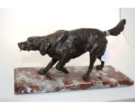 Vintage spelter dog figure fob watch holder standing figure of a spaniel, (height16cm; length 30cm approx), with tongue form 