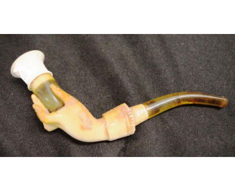 Antique carved meerschaum pipe in the form of a hand, 12.5cm wide approx (mouthpiece repaired), in original lined case