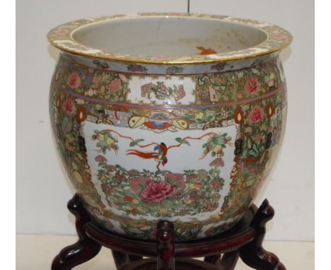 Large Chinese ceramic floor pot &amp; stand painted decoration to interior and exterior, (height 33cm; diameter 42cm approx);