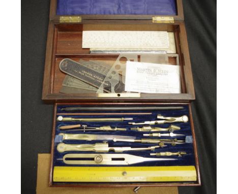 C19th drafting tools in 2 tier rosewood box with original key, case size approx 24 by 15cm