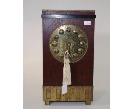 Art Nouveau timber Lenzkirch mantel clock with brass dial and brass decoration to base, key and pendulum available, (appears 
