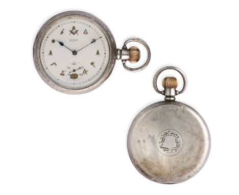 raro orologio massonico con cassa in argento diametro 50 mm, produzione Dennison per il mercato inglese fondello a cerniera, 