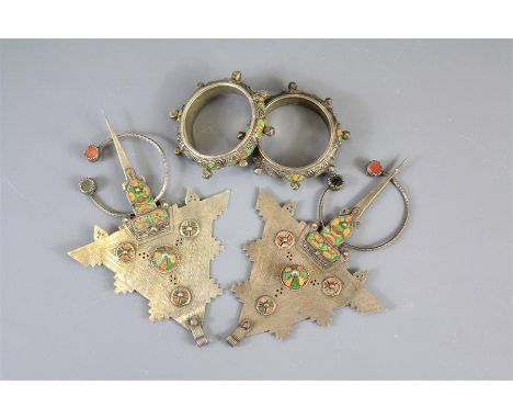 Moroccan Berba Fibula. The fibula of triangular form heightened with green and yellow enamel together with two matching bangl