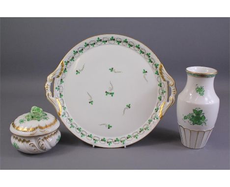 A Herend Trinket Dish and Cover. This lot includes a large circular Herend cake plate and a posy vase of a similar design. (3