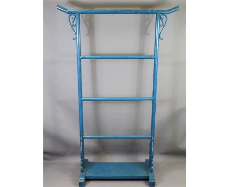 A Blue Painted Chinese Stand. The stand has four rungs with scroll decoration to top sides and base, approx 103 x 40 x 166 cm