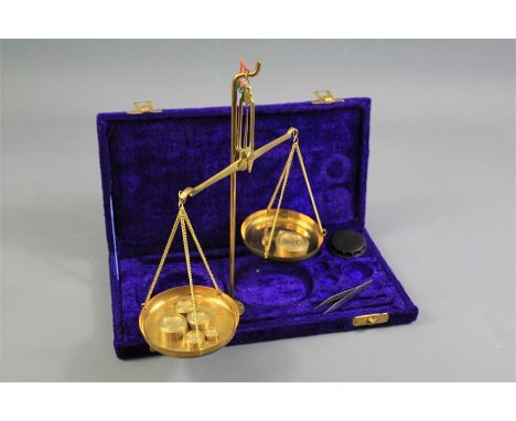 A Complete Set of Vintage Brass Gold Spice/Jewellery Balance Scales. The scales being in their original purple velvet box wit