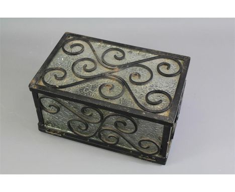 A Wrought Iron and Glass Square Table Lamp. The lamp approx 20 x 16 x 31 cms.&nbsp;