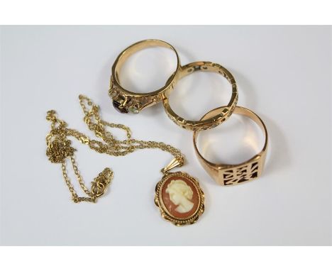 Miscellaneous 9ct Gold Jewellery. This lot includes three 9ct gold rings and a cameo pendant and chain together with a ladies