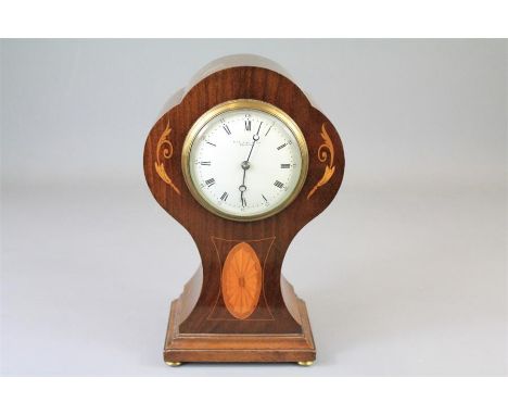 John Bull &amp; Co Bedford Mantel Clock. The mahogany waisted clock case with decorative inlay. The clock with white enamel f
