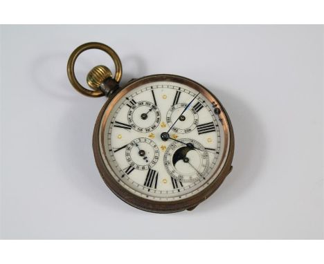 An Antique Steel-Cased Pocket Watch. The watch having a white enamel moon-face and three subsidiary dial, Roman numerals with