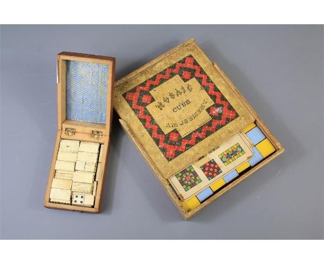 Antique Bone Cribbage Box. The box containing bone dominoes pieces together with a German Mosaic Cube Amusement Game manufact