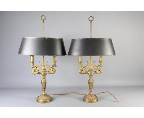 A Pair of Brass Liberty Double Branch Table Lamps. The lamp branches in the form of swans with dark&nbsp; green metal shades,
