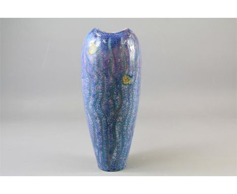 A Rupert Andrews Raku Studio Pottery Vase. The mottled crazed effect vase has a blue/amethyst gloss glazed finish, with the p