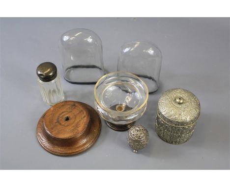 Miscellaneous Silver. This lot includes a silver-topped and cut glass vanity bottle, silver-stemmed glass trinket dish, woode