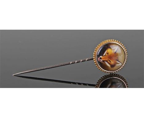 Victorian circa 1867 porcelain and enamel fox head stick pin, signed to the reverse W B Ford, 1867, the fox head facing forwa