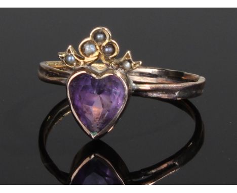 Yellow metal stone set ring, with amethyst and pearl set heart and tiara, ring size S