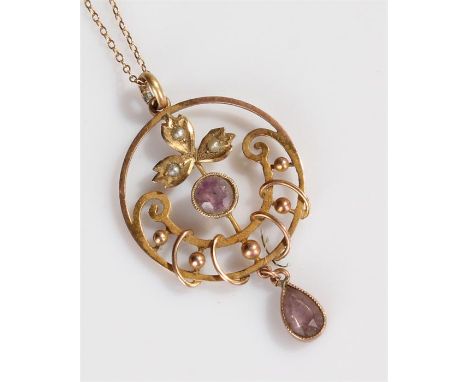 9 carat gold amethyst and pearl set pendant necklace, with leaf and scroll design. total weight 3.5 grams