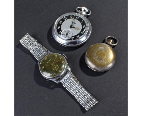 Yeran gentleman's stainless steel wristwatch, together with an Ingersol pocket watch and a barometer, (3)