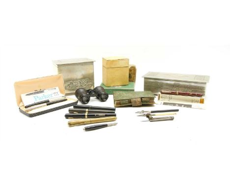 A Parker S1 fountain pen set, cased, other fountain pens and writing instruments, together with two pewter cigarette boxes an
