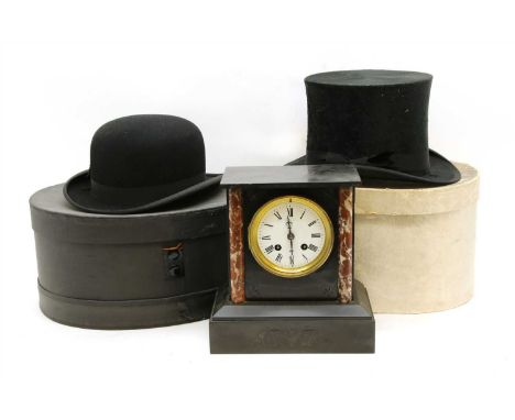 A vintage top hat, in original box, together with a vintage bowler hat in original box, two vintage suitcases and a Victorian
