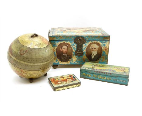 A collection of biscuit tins , predominantly Edwardian, to include a Huntley and Palmers Globe of the World novelty biscuit t