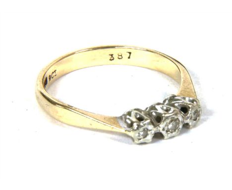 A 9ct gold three stone diamond ring, 1.82g, size K