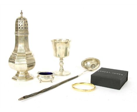 A collection of silver items, to include a Walker and Hall sugar caster, a Barker Ellis Silver Co. goblet, a toddy ladle with