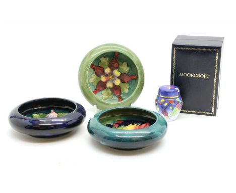 Three Moorcroft Art pottery dishes, and enamel ginger jar boxed