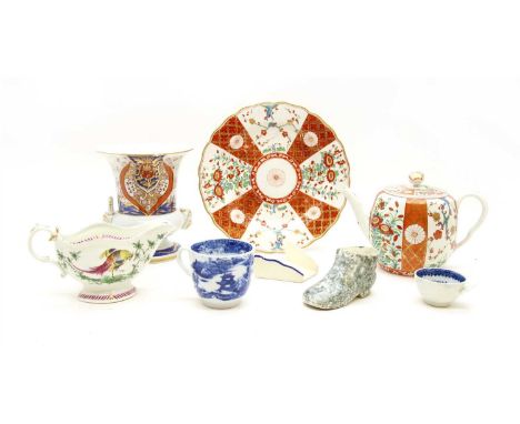 An assortment of 18th and early 19th Century pottery and porcelain, to include a Worcester 'Scarlet Japan' teapot and plate, 