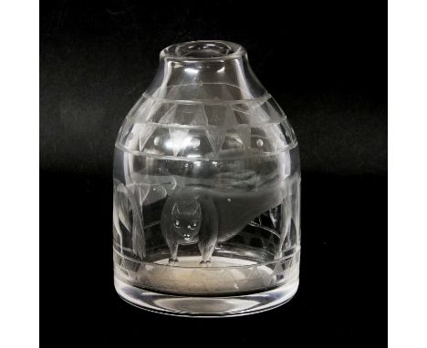 A Swedish Boda crystal glass vase , c1950s, designed by Erik Hoglund, of cylindrical form with tapering neck, engraved with n